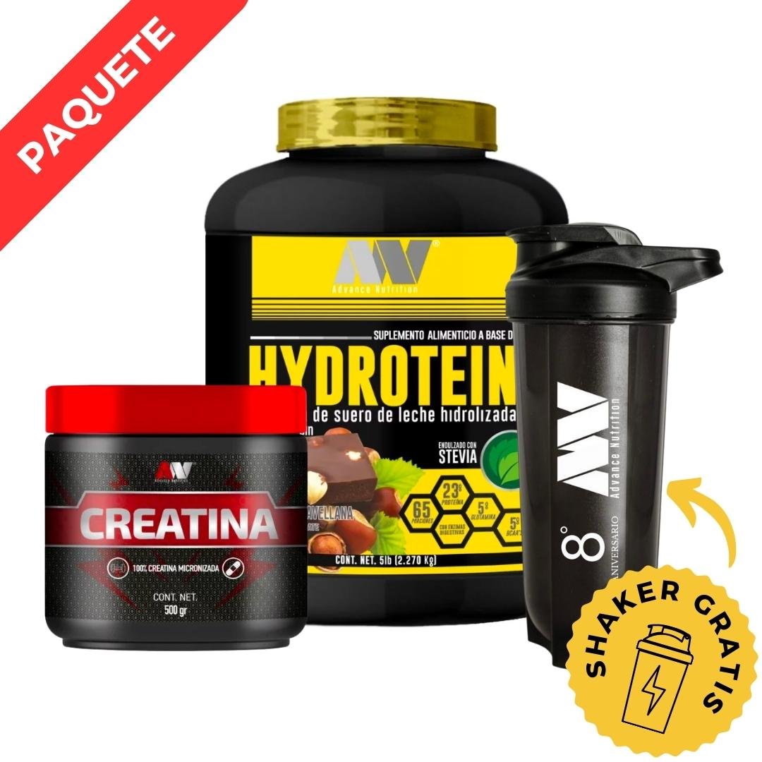 Proteína Hydrotein 5Lbs 65 Serv. + Creatina 500g + Shaker Gratis, Advance Nutrition (Paquete)