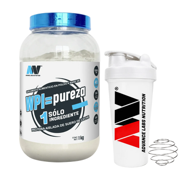 Proteína WPI=Pureza Aislado de suero de leche Advance Labs Nutrition Sin sabor 1Kg + SHAKER
