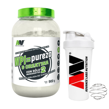Proteína Aislada de Suero de Leche con Creatina Monohidratada Sin Sabor WPI=Pureza & Creatina (30 Servicios / Cont. Net. 900 g) – Advance Labs Nutrition + SHAKER