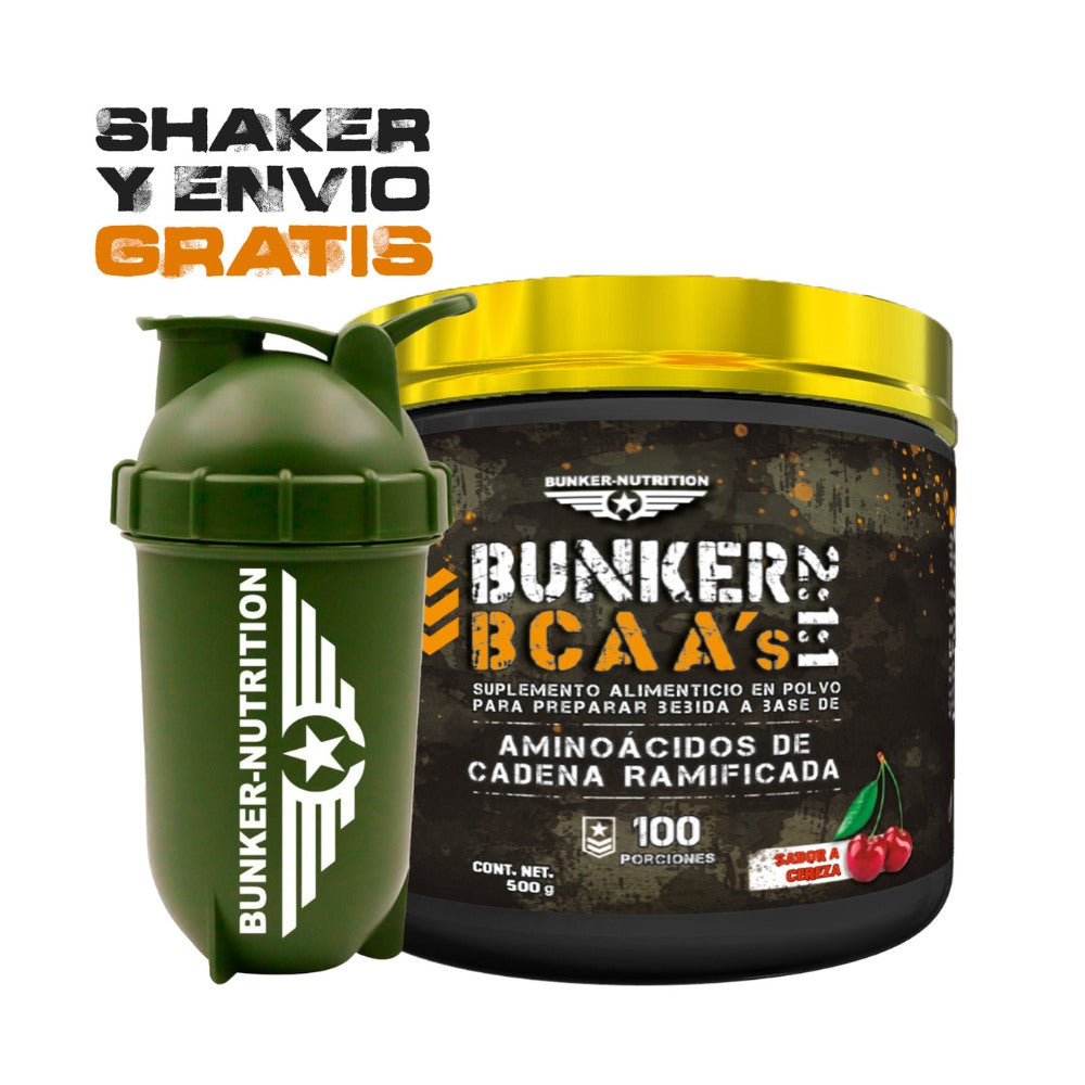 BCAA´S 2:1:1 Sabor Cereza 500 grs 100 serv. Bunker Nutrition + SHAKER GRATIS