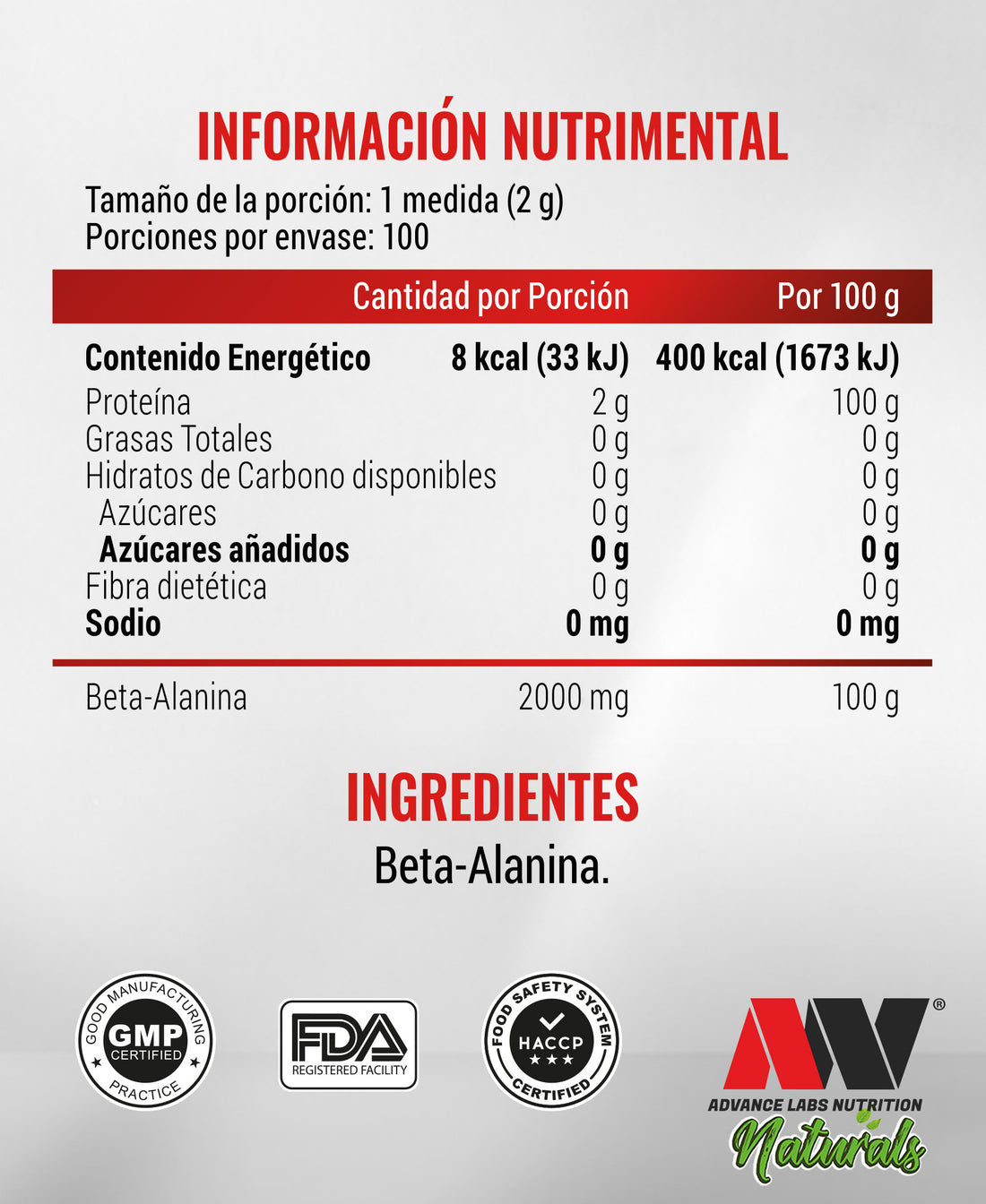 Beta Alanina En Polvo 200g 100 Serv. Advance Labs Nutrition