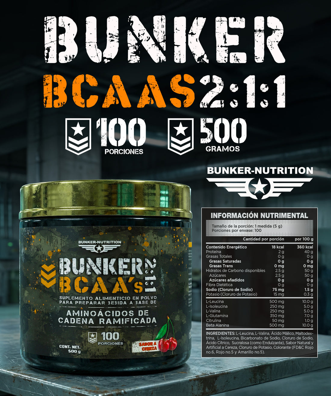 BCAA´S 2:1:1 Sabor Cereza 500 grs 100 serv. Bunker Nutrition + SHAKER GRATIS