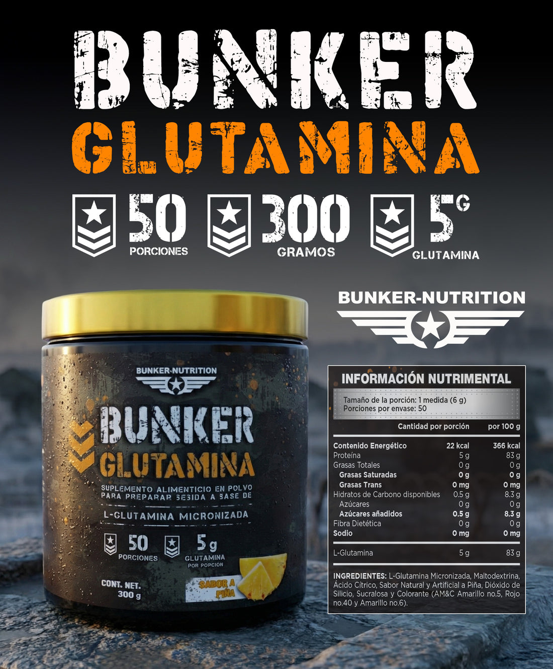 Glutamina Micronizada 50 serv. + SHAKER GRATIS Bunker Nutrition