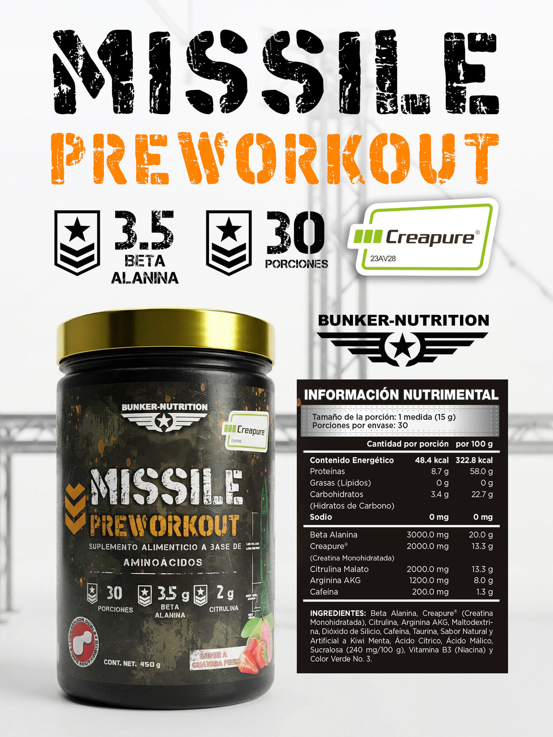 Missile Pre-workout con Creapure®️ Sabor Fresa-Guayaba + SHAKER GRATIS Bunker Nutrition