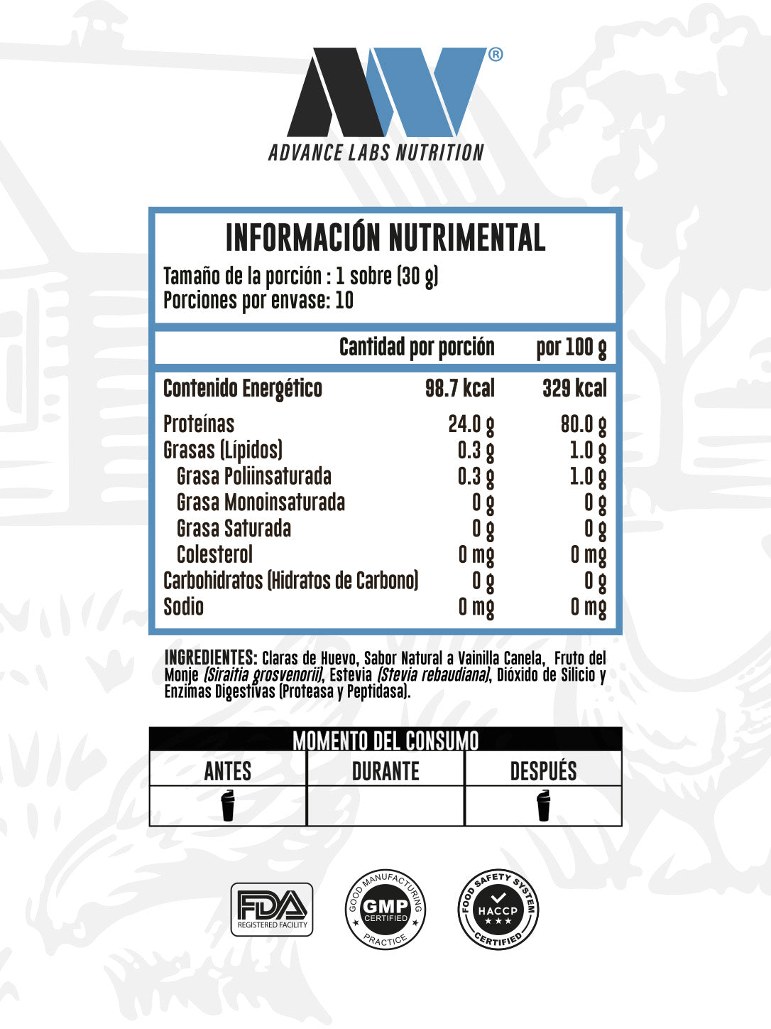 Proteína de Claras de Huevo Naturals Caja con 10 sobres Advance Nutrition Sabor Vainilla Canela