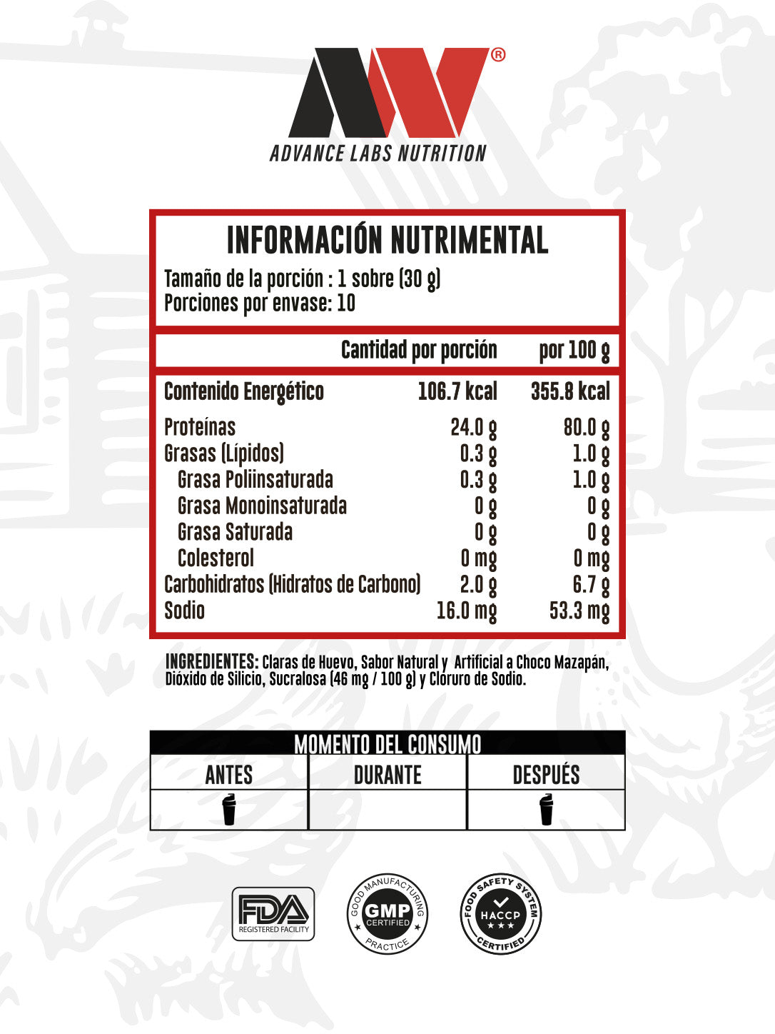 Proteína de Claras de Huevo Caja con 10 sobres Advance Nutrition Sabor Chocomazapán