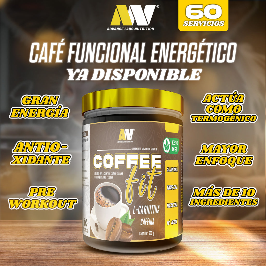 COFFE FIT (CAFE ENERGETICO & PRE-ENTRENO) 60 PORCIONES, 300g – Advance Nutrition