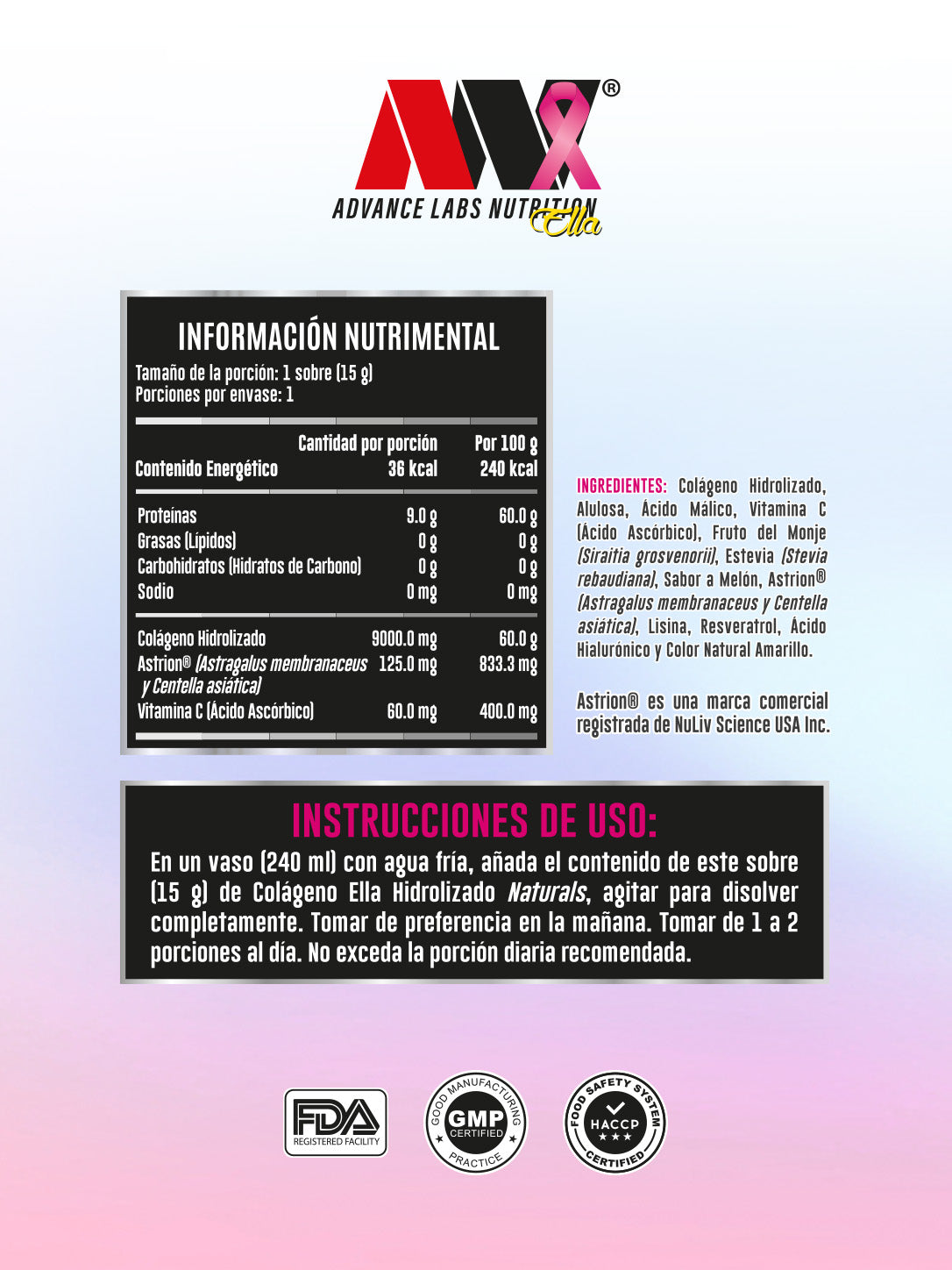 Colágeno Ella Caja con 20 sobres Advance Nutrition Sabor Melón