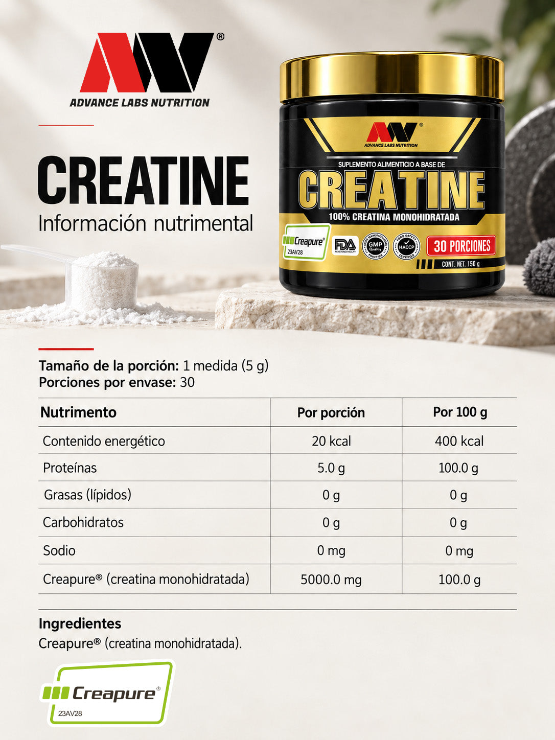 Creatina Creapure 100% Monohidratada 150 gr 30 Servicios - Advance Labs Nutrition