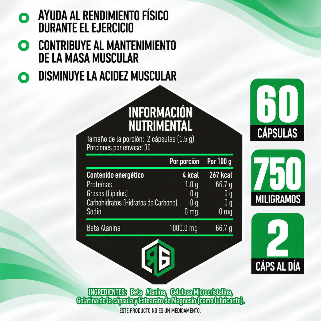 Beta Alanina 60 Cápsulas 750 mg c/u Red Gold Naturals
