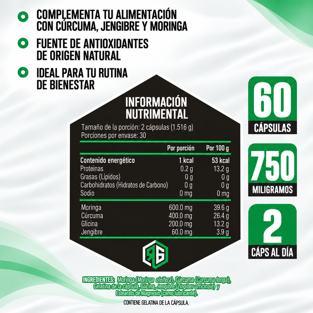 Curcuma, Jengibre y Moringa 60 Cáps 758 mg c/u Red Gold Naturals