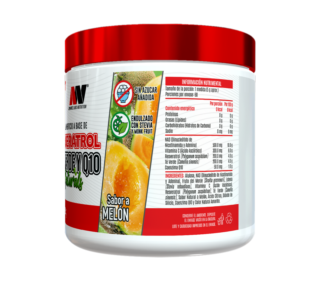 NAD, Resveratrol, Té Verde & Q10 (4 ANTIOXIDANTES EN 1) Endulzado con Stevia y Monk Fruit 300g. 60 Serv.