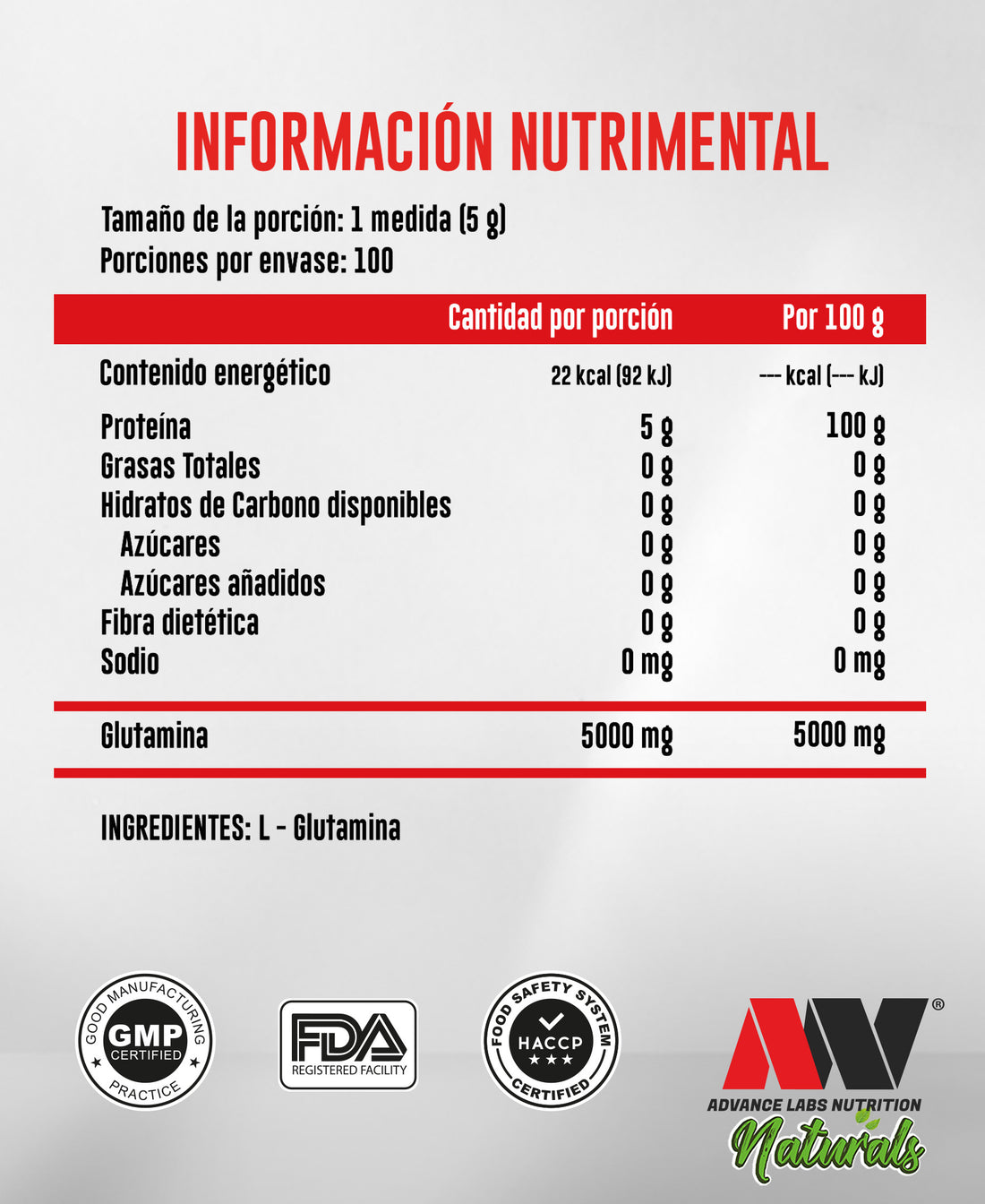 Glutamina en polvo sin sabor 500g Advance Labs Nutrition
