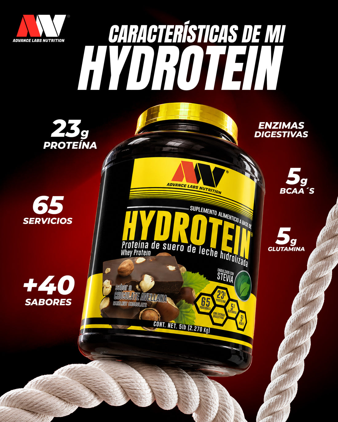 KIT Proteína Hydrotein 5Lbs 65 Serv. + Shaker Advance Nutrition