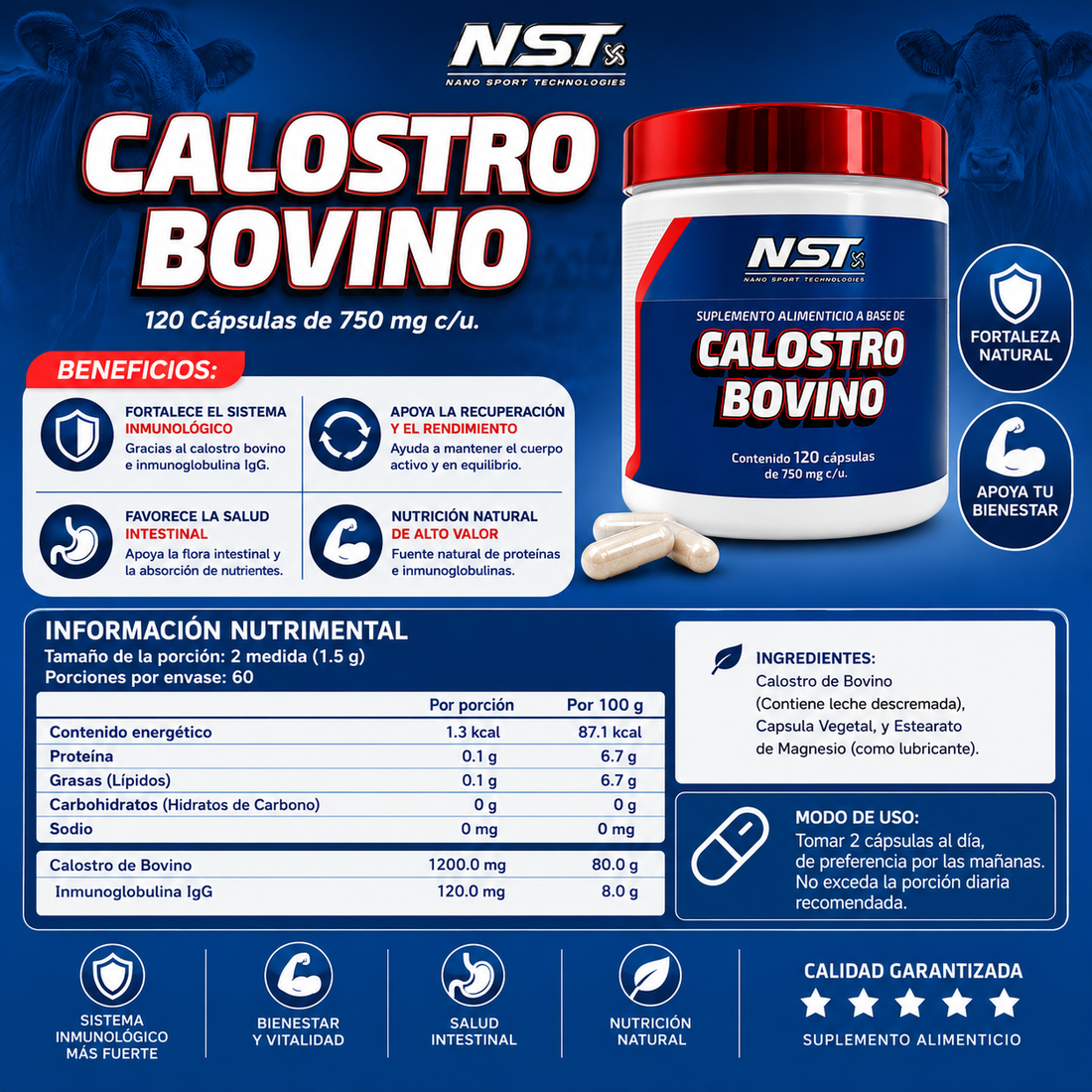 Calostro Bovino NST (120 cápsulas de 750 mg c/u)