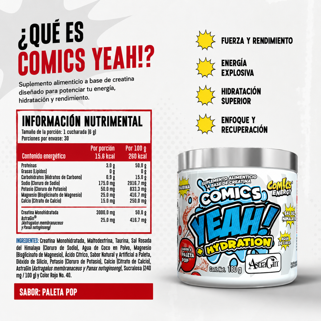 Yeah! Hydration Electrólitos con Creatina y AstraGin + SHAKER – 30 Servicios Comics Energy