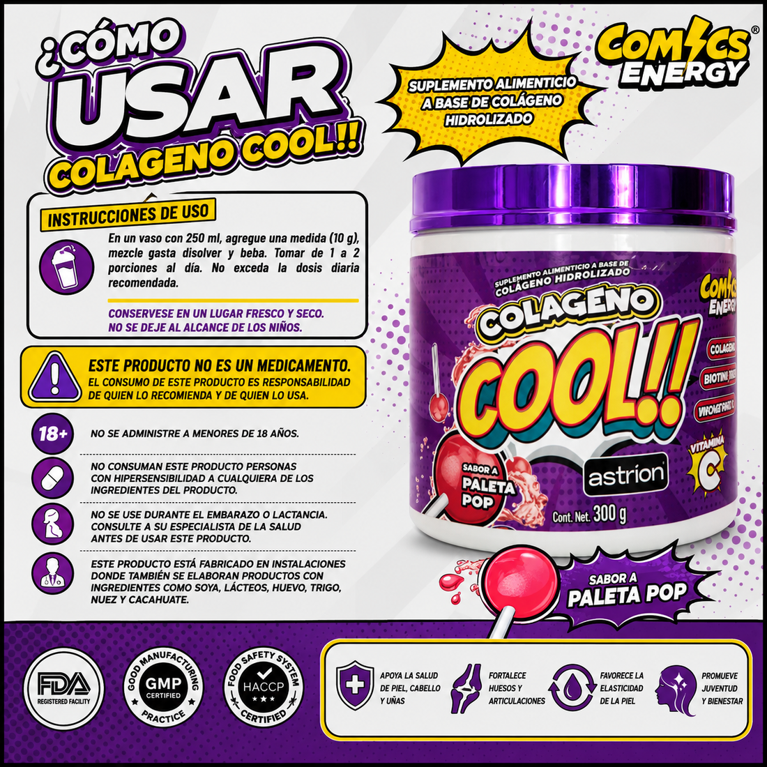 Colágeno Cool Hidrolizado con Astrion, Resveratrol e Inositol Sabor Paleta Pop + SHAKER – 30 Servicios Comics Energy