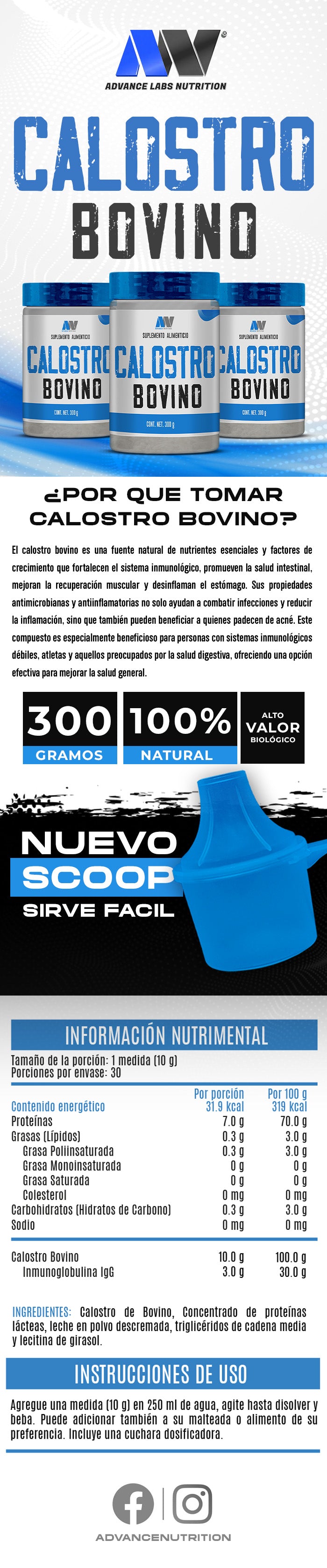 Calostro bovino Sabor vainilla canela, 300g - Advance Nutrition