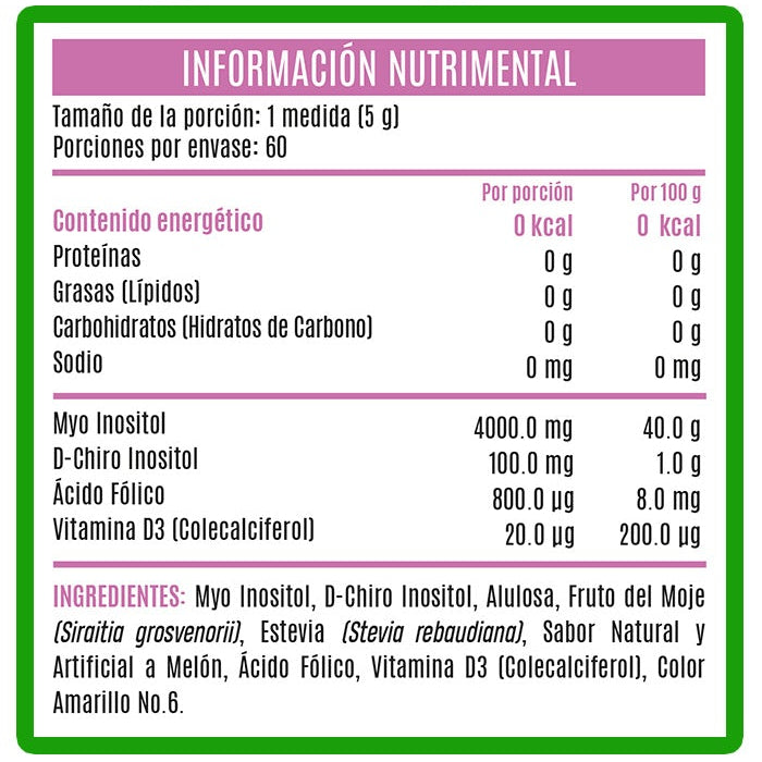 Myo & D-Chiro Inositol 40:1 Naturals con Ácido Fólico y Vitamina D3 Sabor Melón (60 Porciones / Cont. Net. 300 g) – Advance Labs Nutrition ELLA