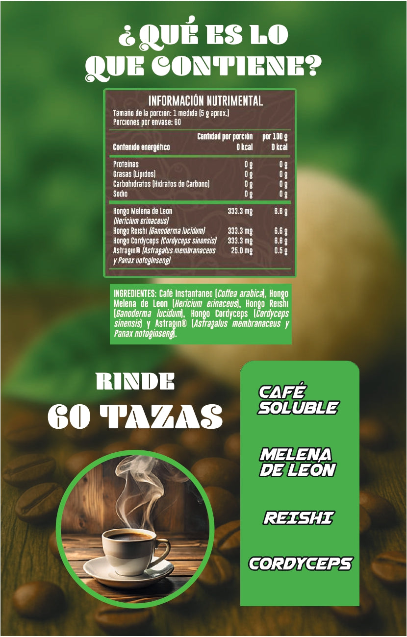 Coffee & Adaptógenos 100% Natural, con Melena de León, Reishi y Cordyceps (150 g)