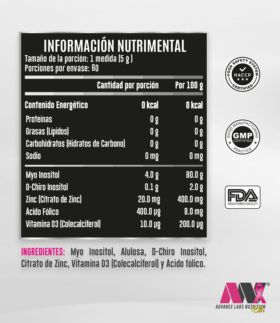 Myo & D-Chiro Ella inositol 40:1 Sin Sabor 60 servicios