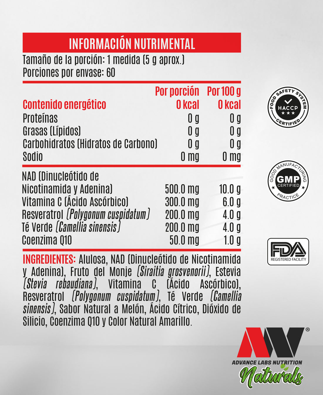 NAD, Resveratrol, Té Verde & Q10 (4 ANTIOXIDANTES EN 1) Endulzado con Stevia y Monk Fruit 300g. 60 Serv.