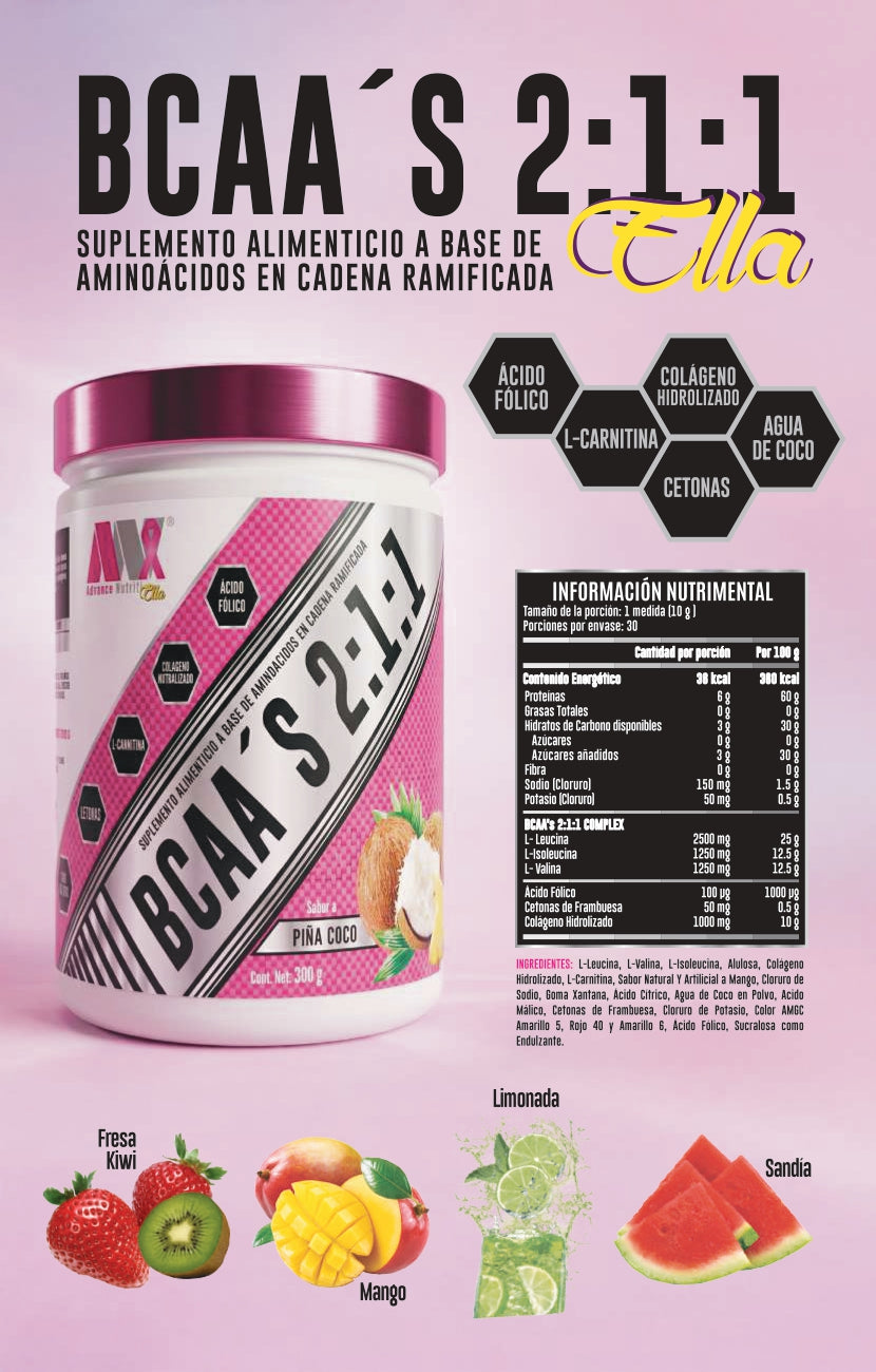 BCAA’s 2:1:1 Ella - Recuperación Muscular con Colágeno, L-Carnitina y Ácido Fólico