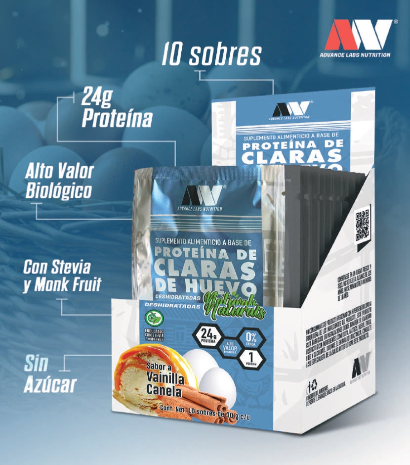 Proteína de Claras de Huevo Naturals Vainilla Canela (10 sobres de 30 g c/u) 0% grasa