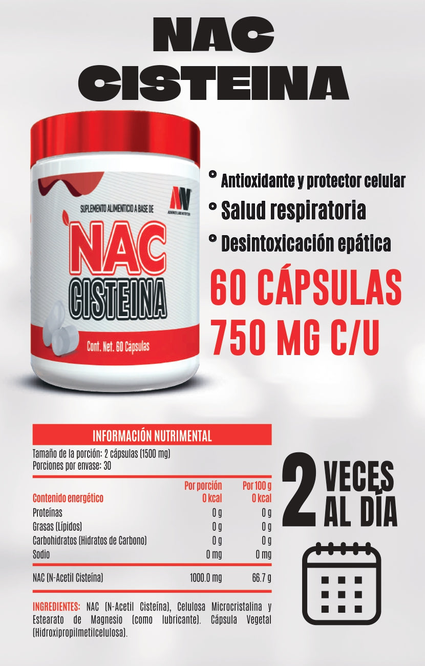 NAC Cisteína Antioxidante Celular Advance Labs Nutrition 60 Cápsulas + Pastillero Gratis