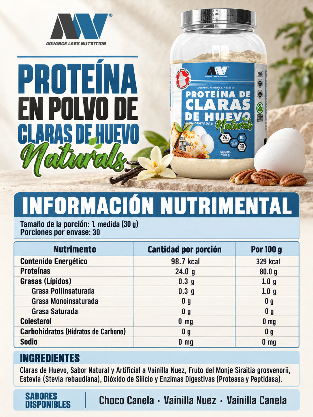Proteína en polvo a base de Claras de Huevo deshidratadas versión naturals 900 grs STEVIA & FRUTO DEL MONJE + Shaker