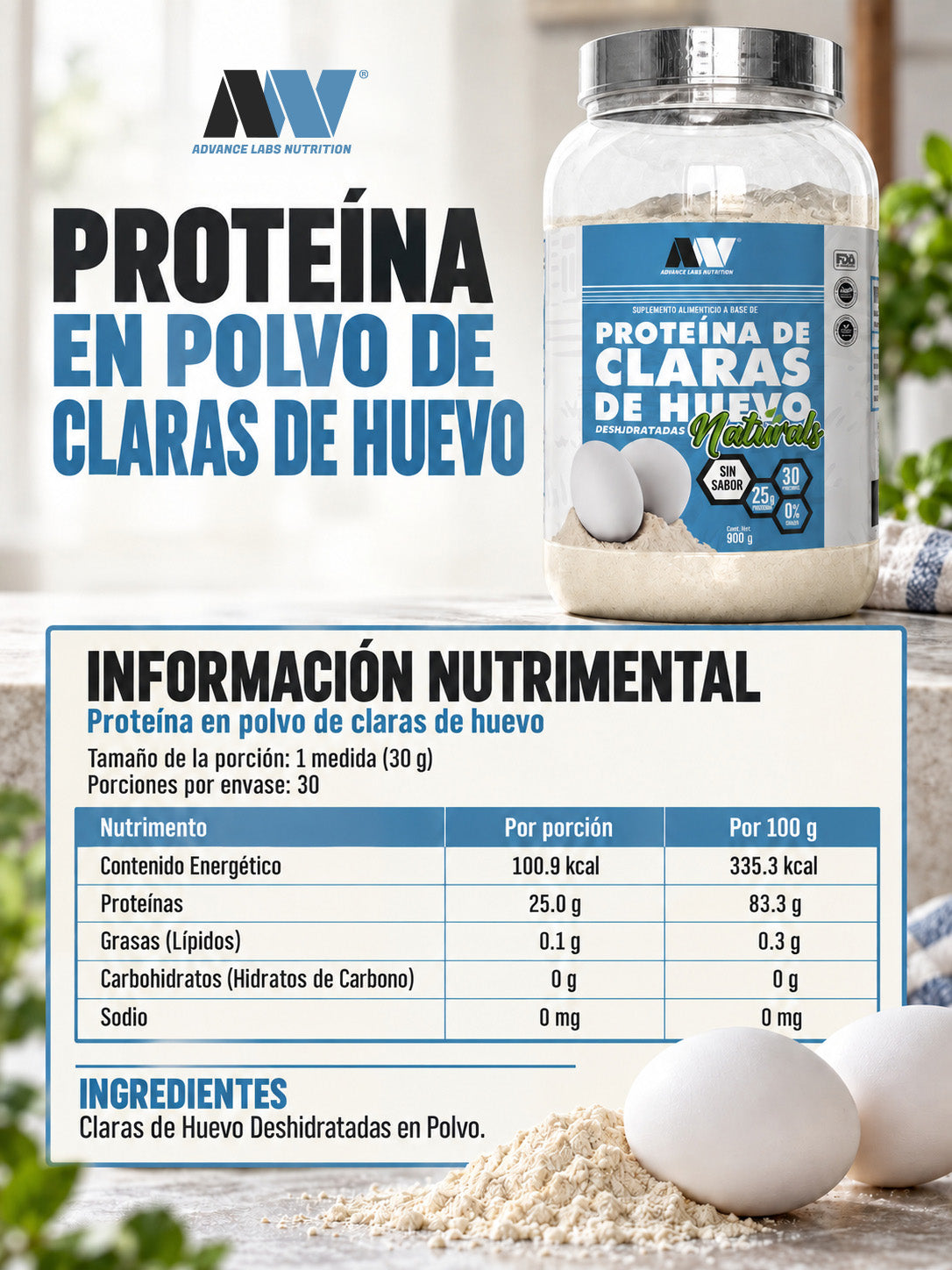 Proteína en polvo a base de claras de huevo deshidratadas versión Naturals SIN SABOR + Shaker 900 grs