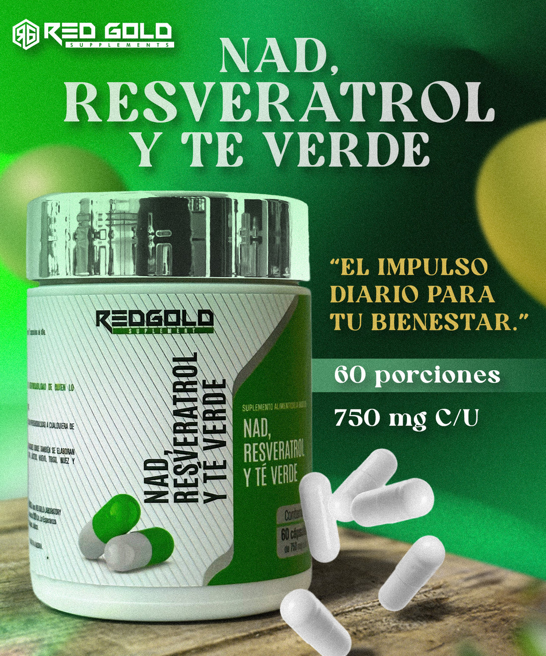 NAD, Resveratrol y  60 Cápsulas 750 mg c/u Red Gold Naturals