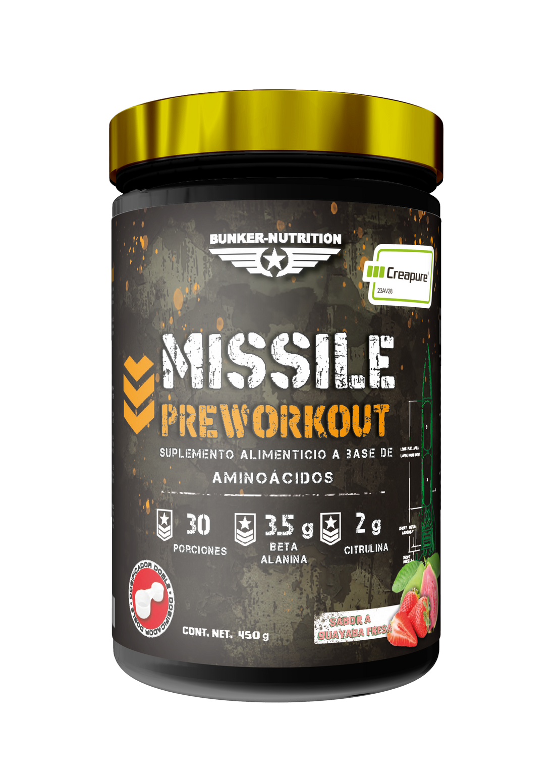 Missile Pre-workout con Creapure®️ Sabor Fresa-Guayaba + SHAKER GRATIS Bunker Nutrition