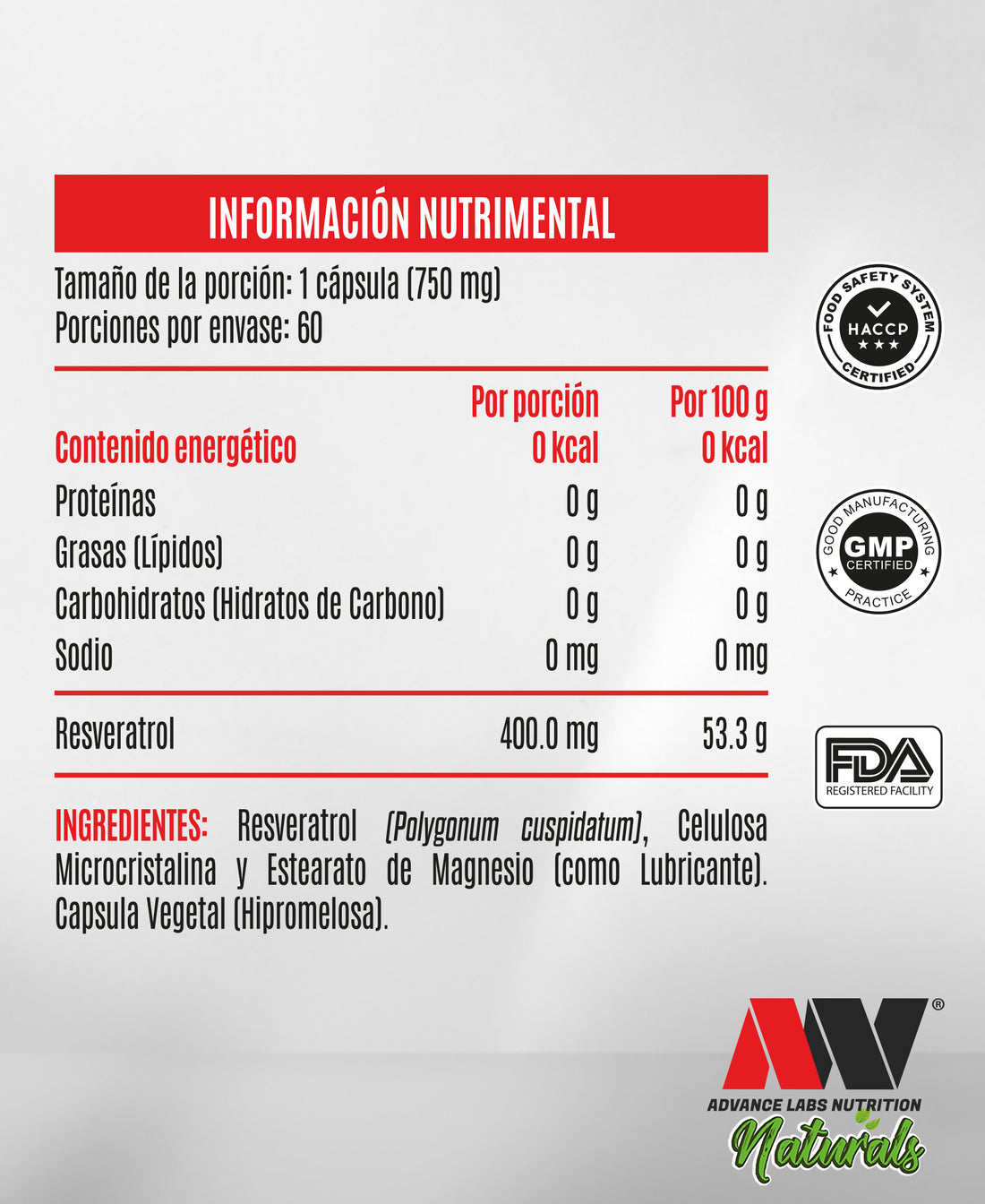 Resveratrol  60 Cápsulas 700 mg c/u Advance Naturals