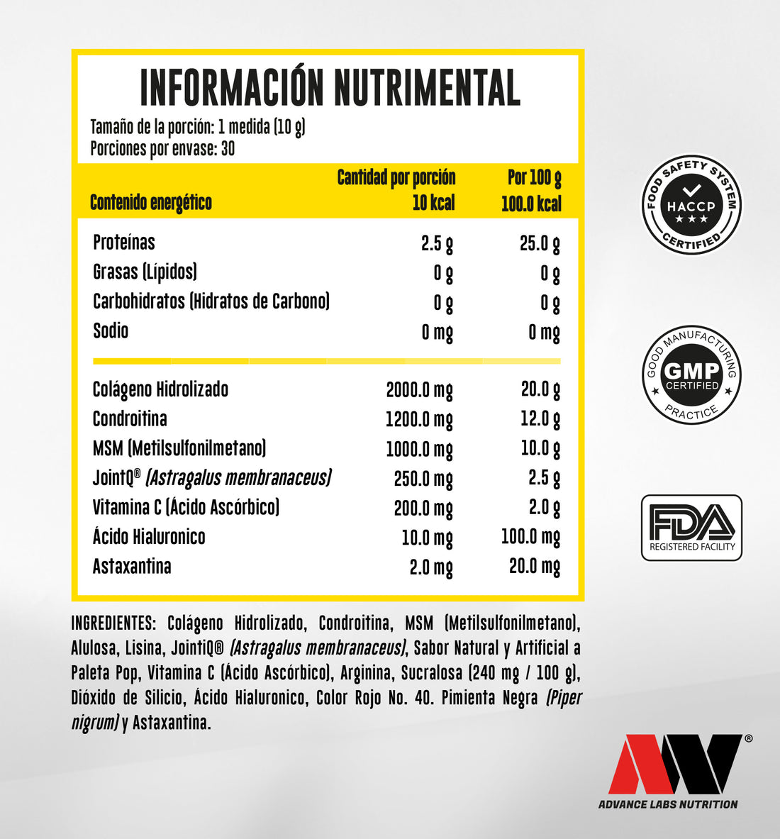 ASTRA-FLX Colageno, Ácido Hialurónico, MSM y Astaxantina 300 grs 30 Serv. Advance Labs Nutrition