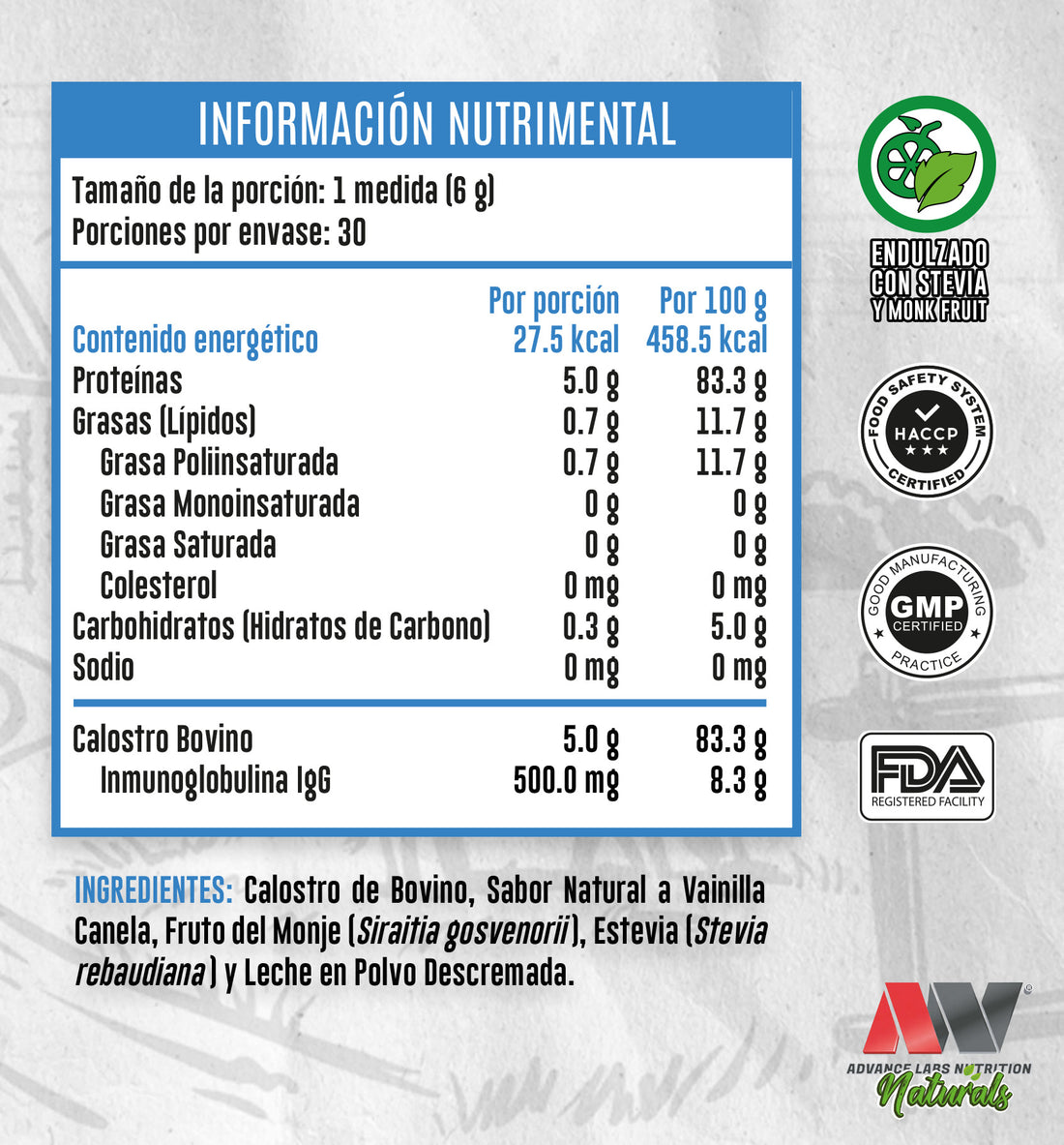 Calostro Bovino Naturals Advance Nutrition 30 Servicios (180 g) Stevi & Monk Fruit