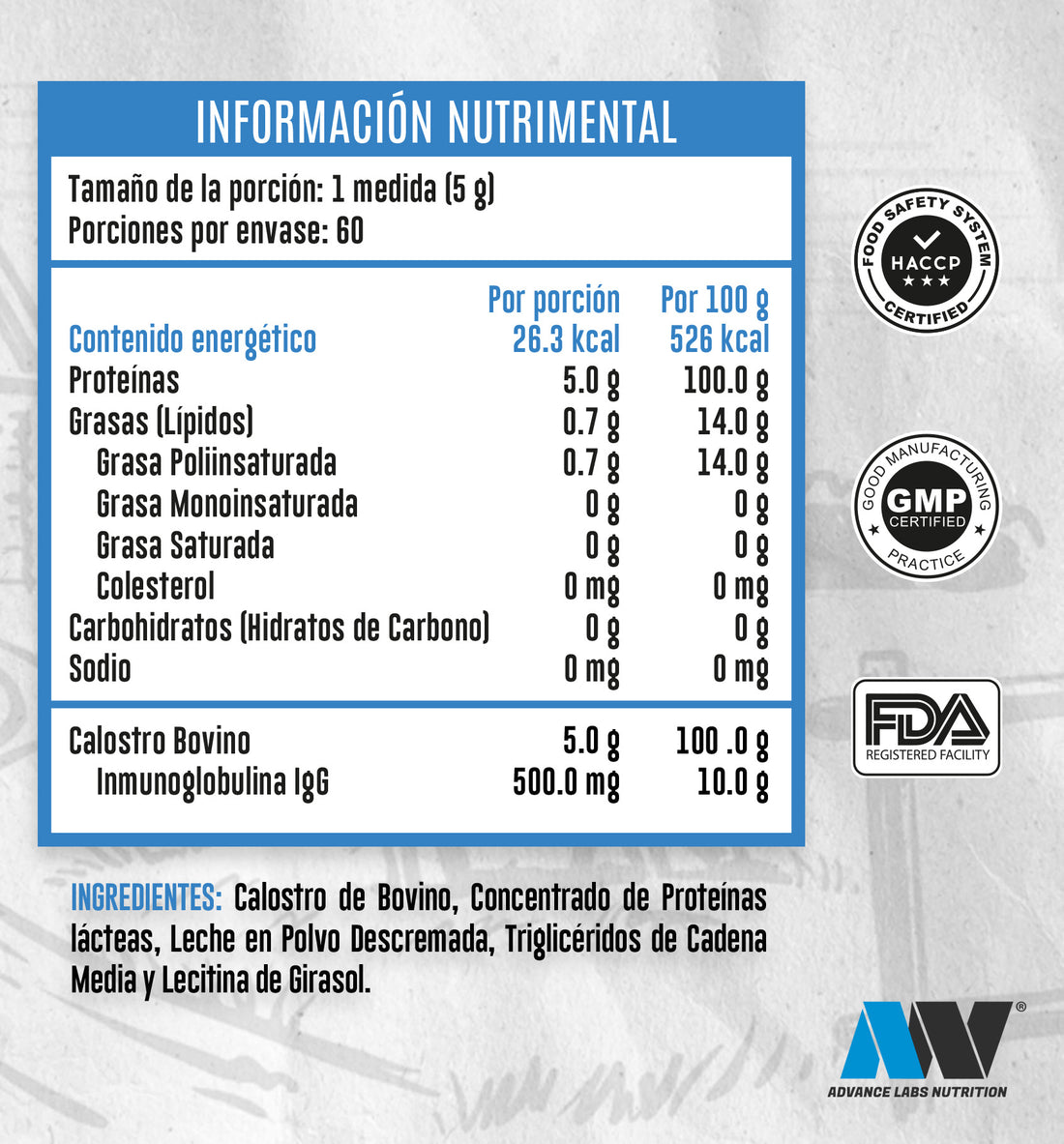 Calostro bovino natural en polvo  Advance Nutrition (Sin sabor) 300g
