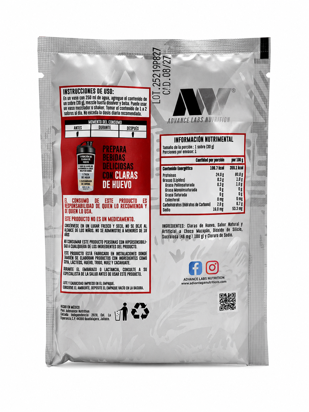 Proteína de Claras de Huevo, Choco Mazapán (Caja con 10 sobres 30 g c/u)