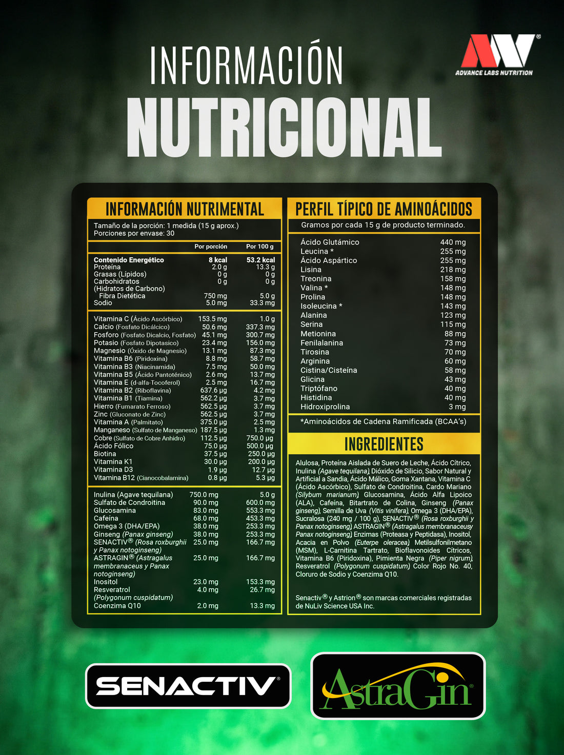 Vital Pack ASTRAGIN Aminoácidos + Vitaminas y Minerales con Resveratrol (450 g) Advance Labs Nutrition
