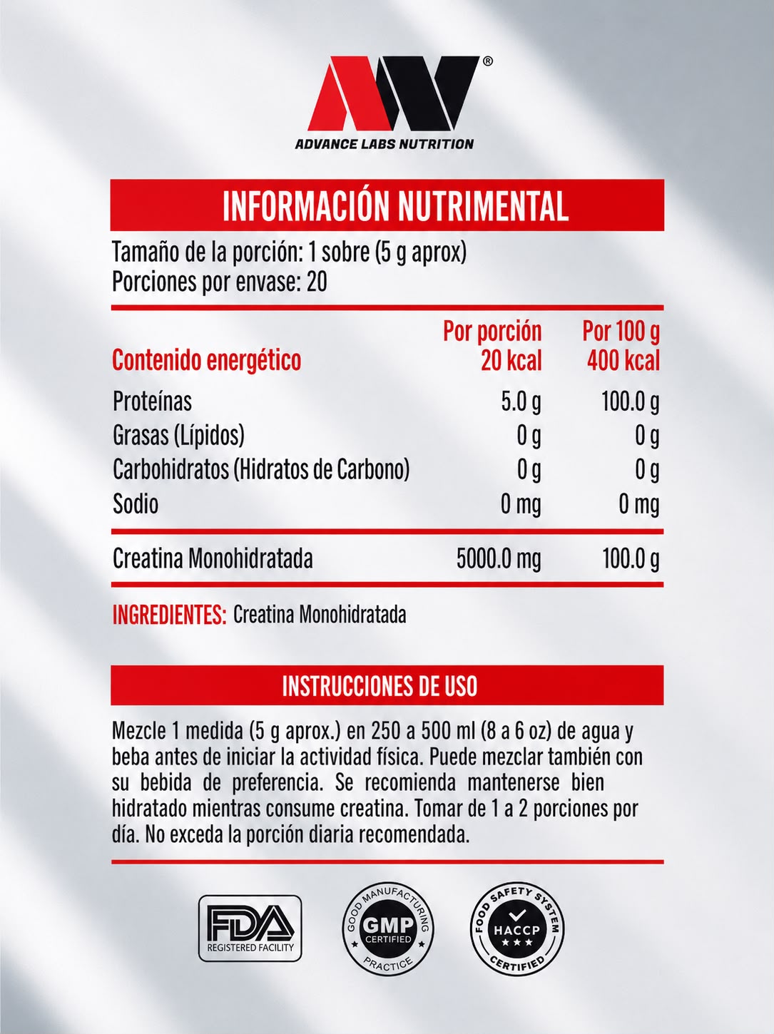 Creatina Micronizada Caja con 20 sobres Advance Nutrition Sin Sabor