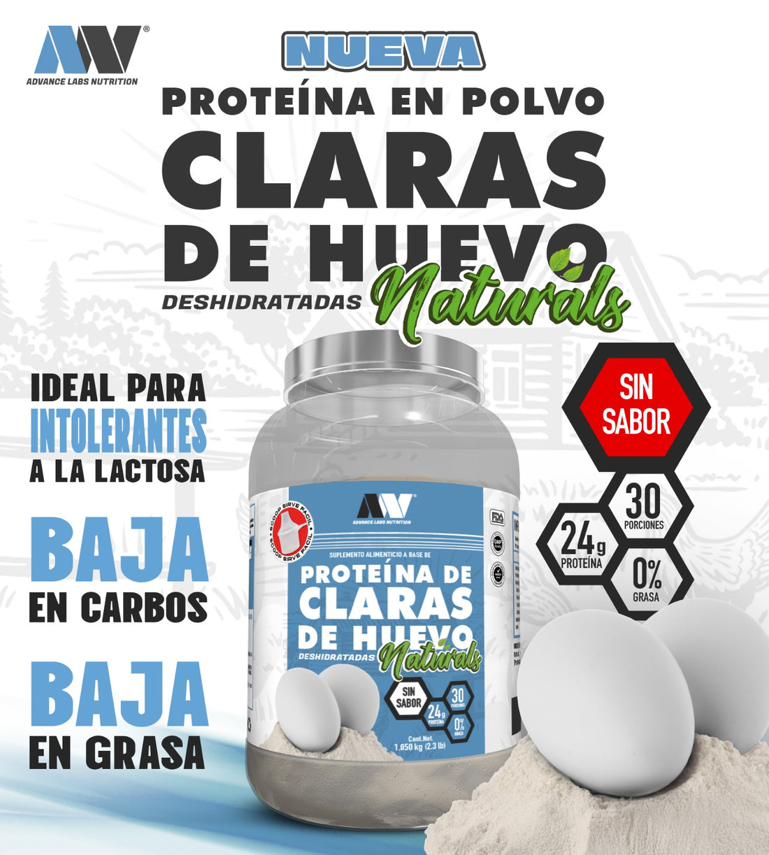Proteína en polvo a base de claras de huevo deshidratadas versión Naturals SIN SABOR 900 grs